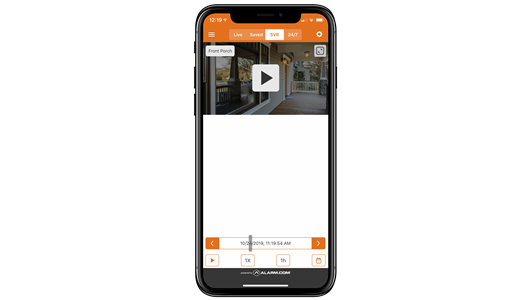 A smartphone with an app that accesses 24/7 video recording.